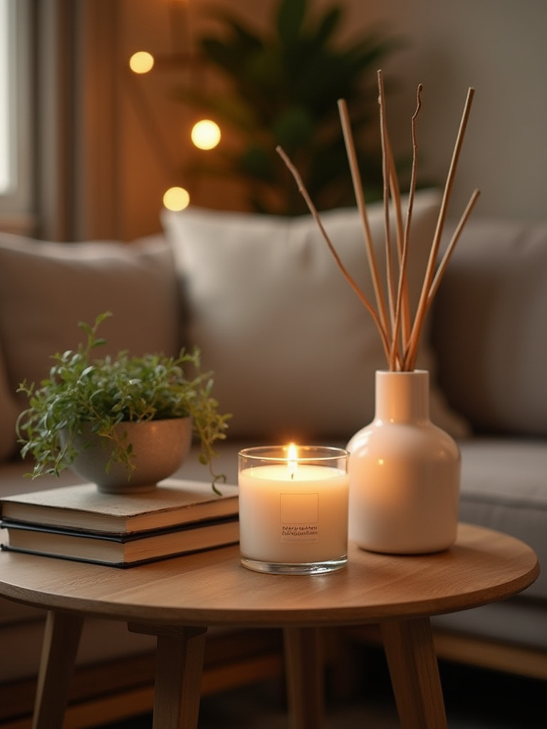 A cozy living room end table featuring a scented candle and diffuser, styled for ambiance.