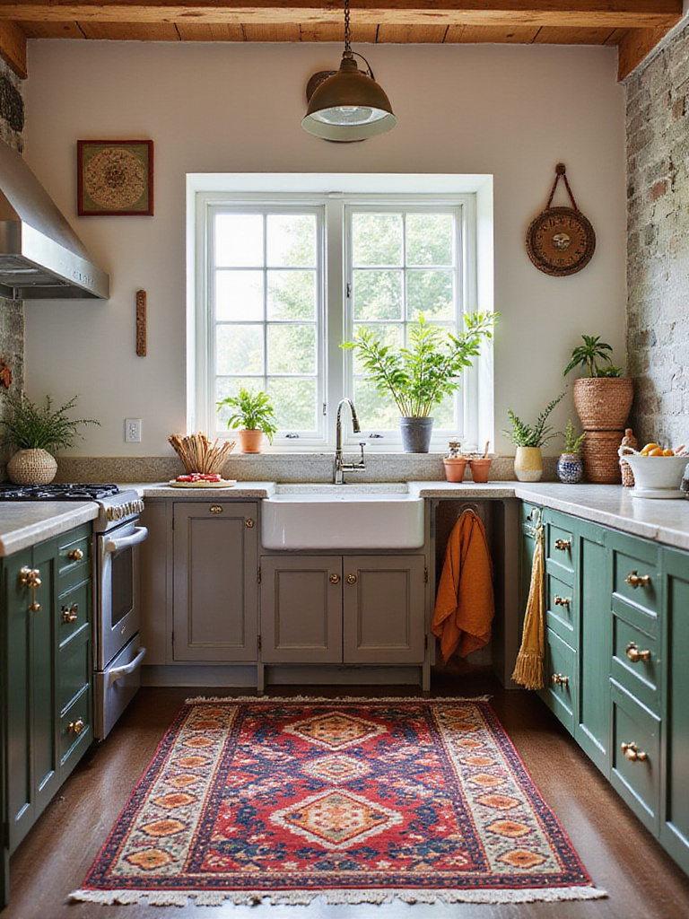 Eclectic kitchen featuring a colorful patterned rug in front of the sink area.