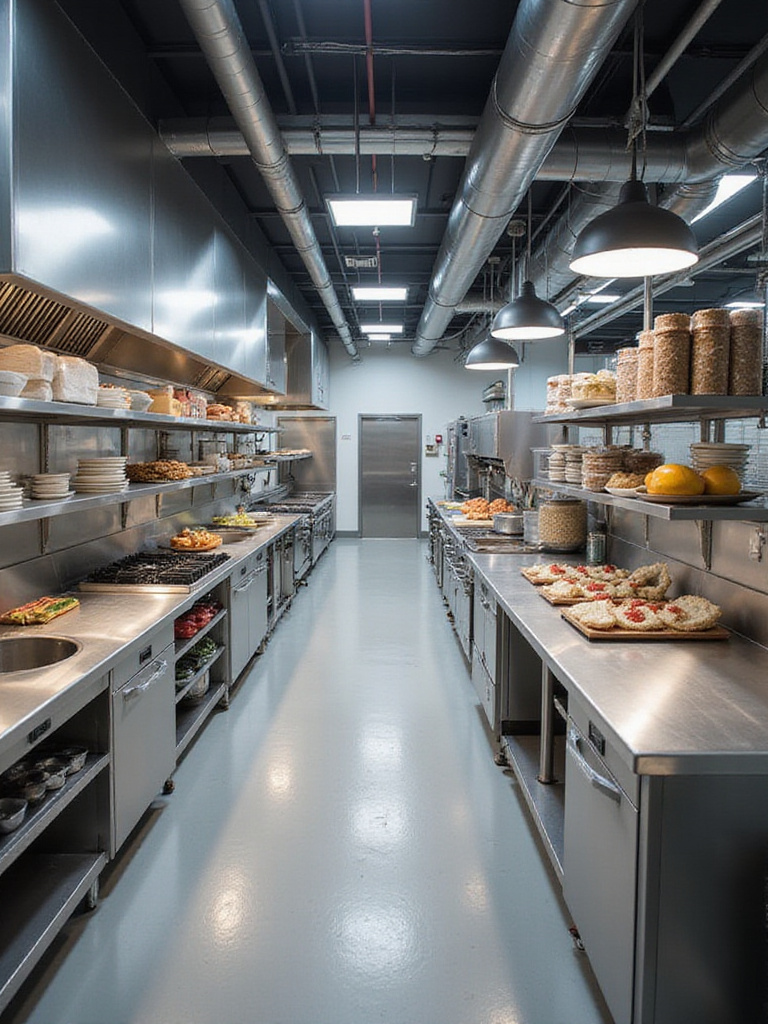 Industrial kitchen layout showcasing distinct zones for food prep, cooking, and service.