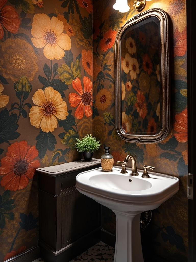 Powder room with dramatic floral wallpaper, elegant vanity, and stylish mirror