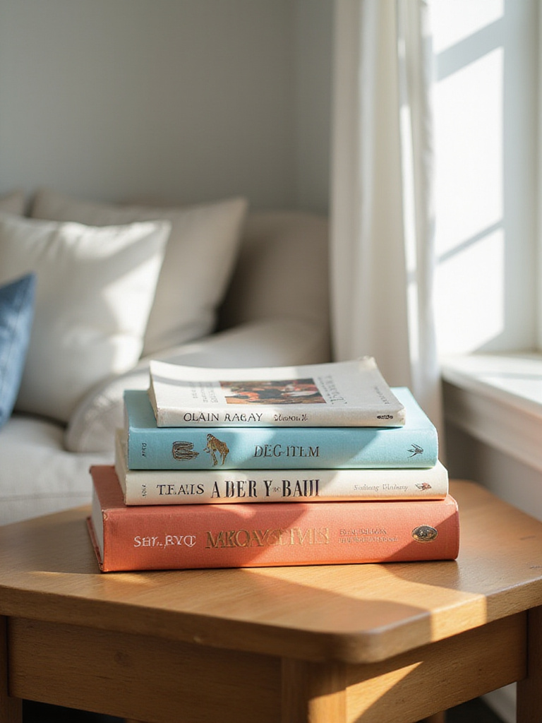 A stylish stack of books on an end table with warm lighting.