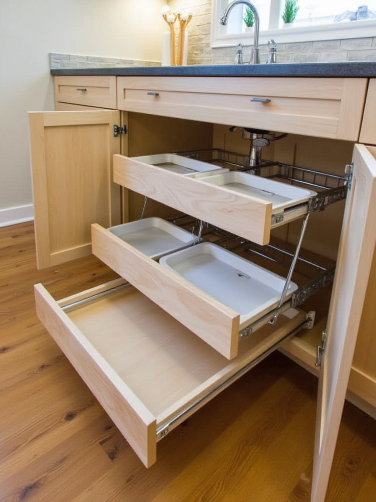 Organized under-sink cabinet with custom pull-out solutions