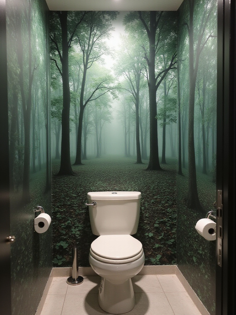 Luxurious powder room with a full-scale wallpaper mural of a misty forest