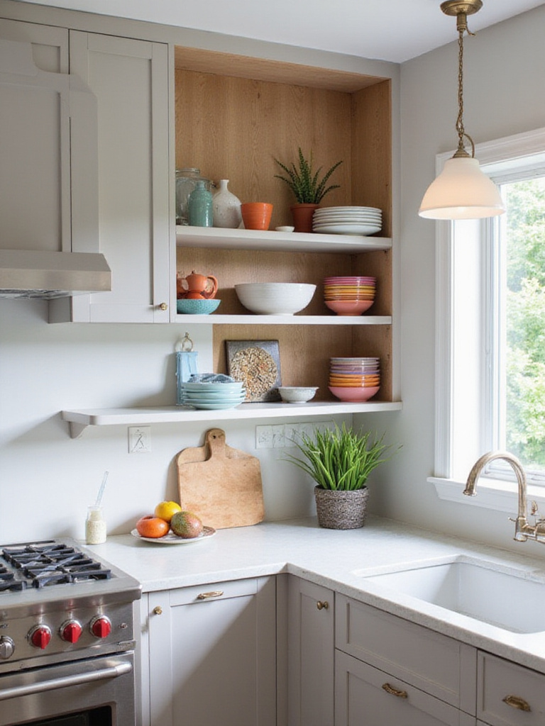 Modern kitchen with open shelving after removing upper cabinet doors, featuring curated dishware.