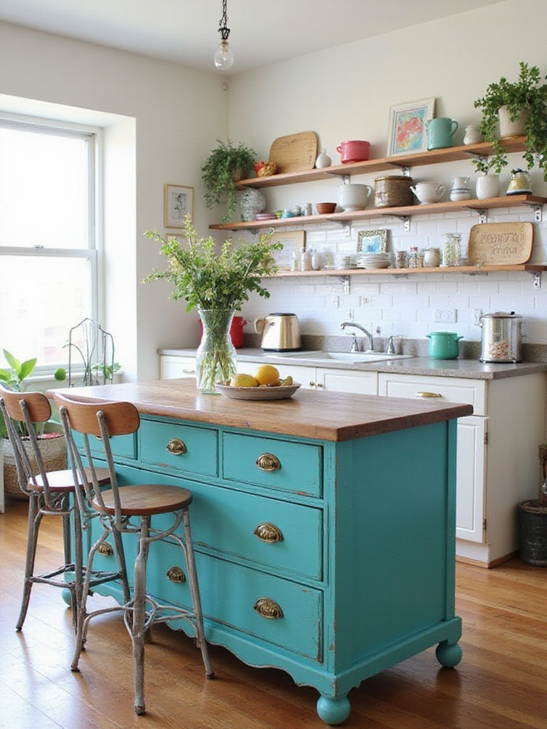 Eclectic kitchen with upcycled teal dresser as an island, showcasing unique decor.