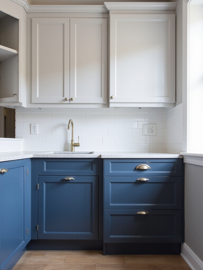 Modern kitchen with two-tone upper and lower cabinets in light gray and navy blue