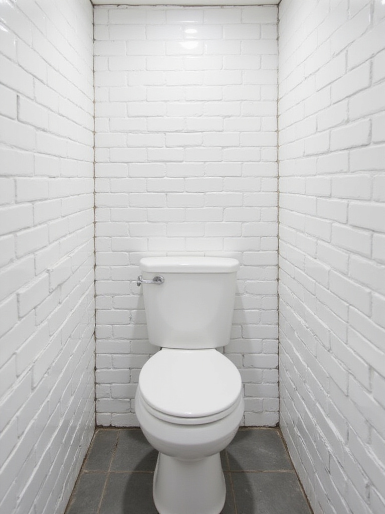 Powder room with white subway tiles and dark gray grout