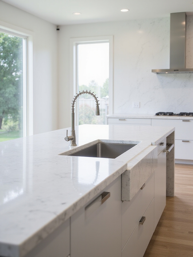 A modern kitchen island with a waterfall edge countertop made of Calacatta quartz, highlighting its sleek design.