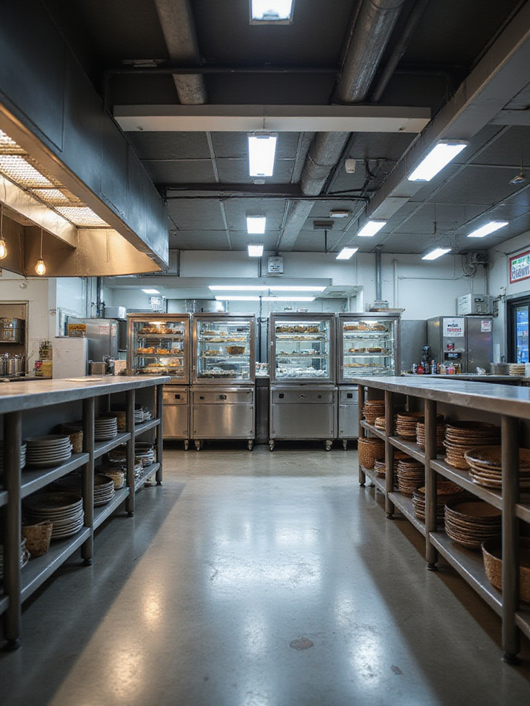 Seamless pass-through in an industrial kitchen with heated shelves and a Kitchen Display System.