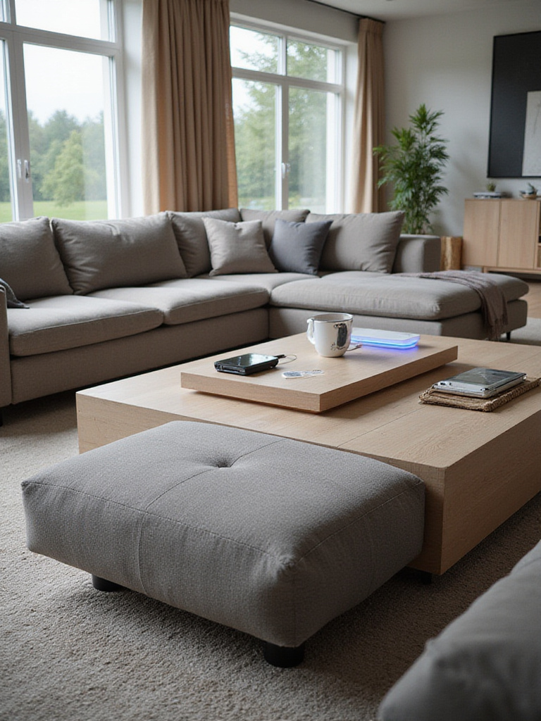Modern living room with smart furniture featuring integrated tech like USB ports and ambient lighting.