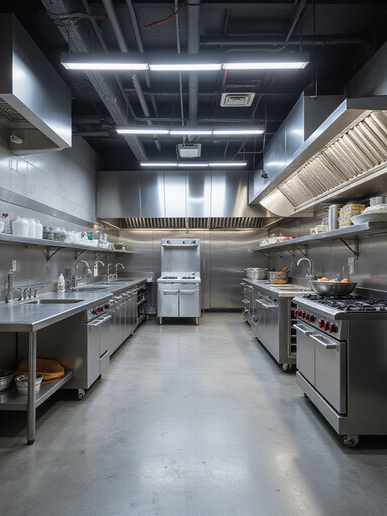 Modern industrial kitchen layout showcasing efficient workflow and organization.