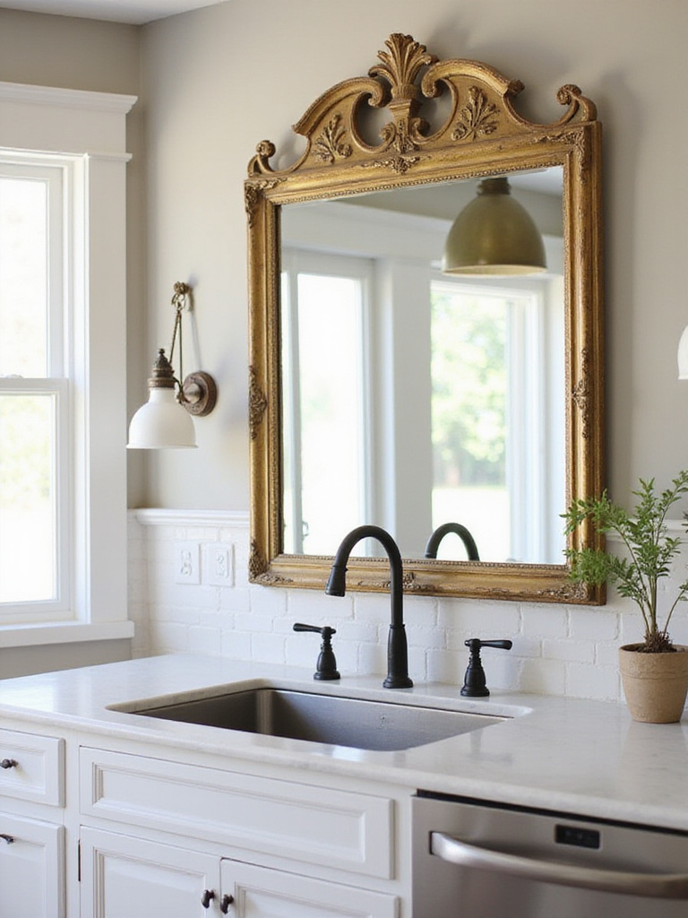 Eclectic kitchen with ornate antique mirror reflecting natural light