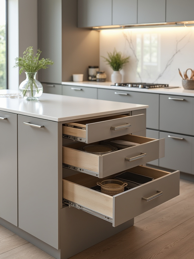 Modern kitchen island featuring smart storage solutions including deep drawers and pull-out shelves.