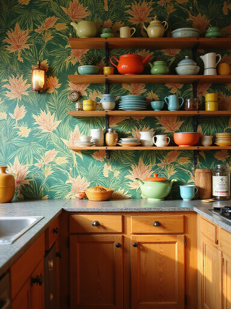 Eclectic kitchen with bold patterned wallpaper featuring tropical leaves