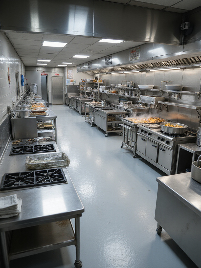 An organized industrial kitchen layout demonstrating optimal workflow.