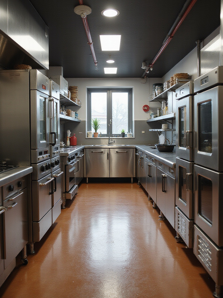 Professional portrait of an industrial kitchen designed for easy equipment maintenance access