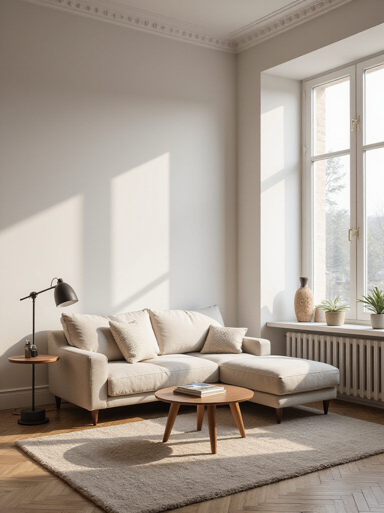 Minimalist living room designed for comfort and functionality with a plush sofa and multi-functional furniture.