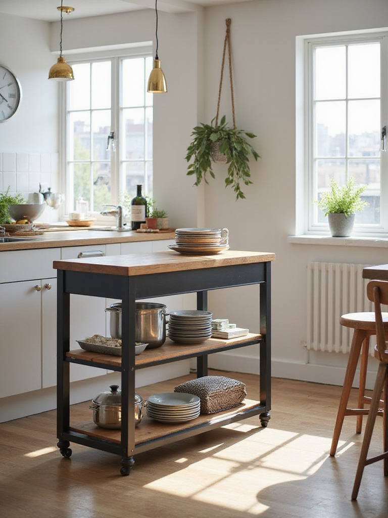 A modern portable kitchen island in a small kitchen, showcasing its functional design and style.