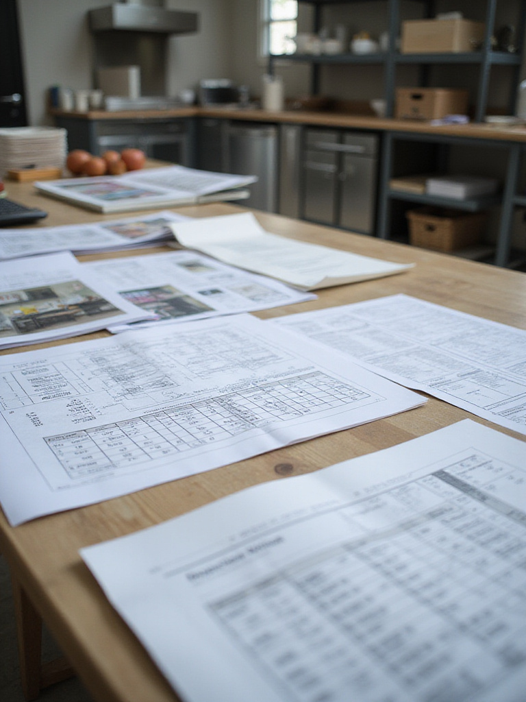 Industrial kitchen planning workspace with blueprints and cost estimation sheets