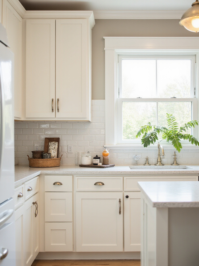 A traditional kitchen with freshly painted white cabinets, showcasing an inviting and bright atmosphere.