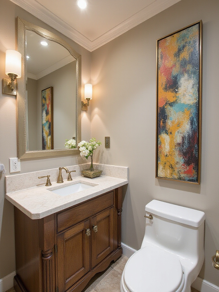 Elegant powder room with unique artwork as the focal point