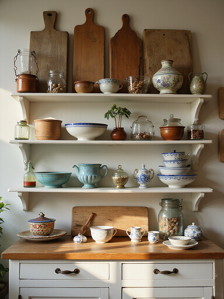 Curated vintage kitchen display with accessories on shelves