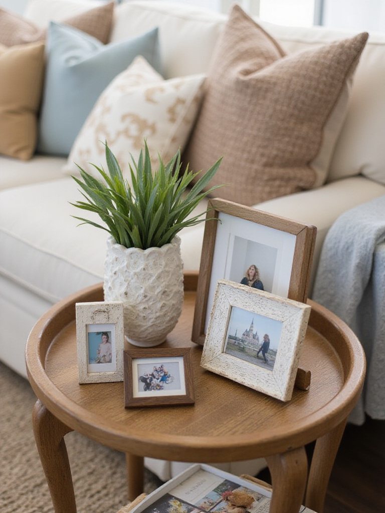 Stylish end table with framed photos and art pieces