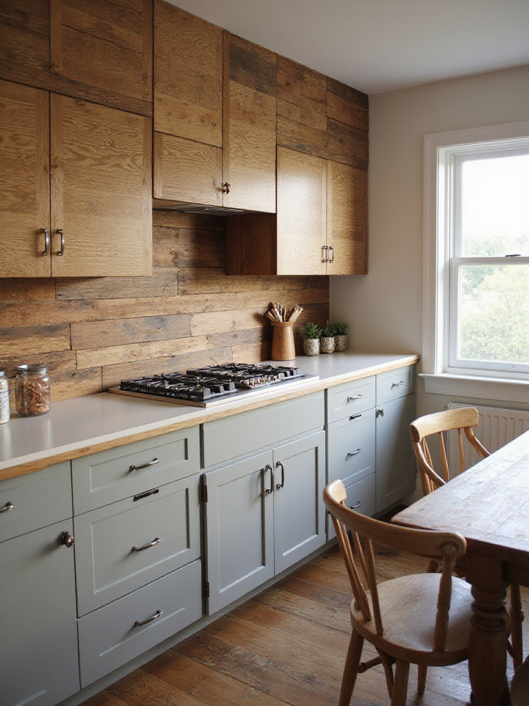 Eclectic kitchen with unconventional backsplash made of reclaimed barn wood.