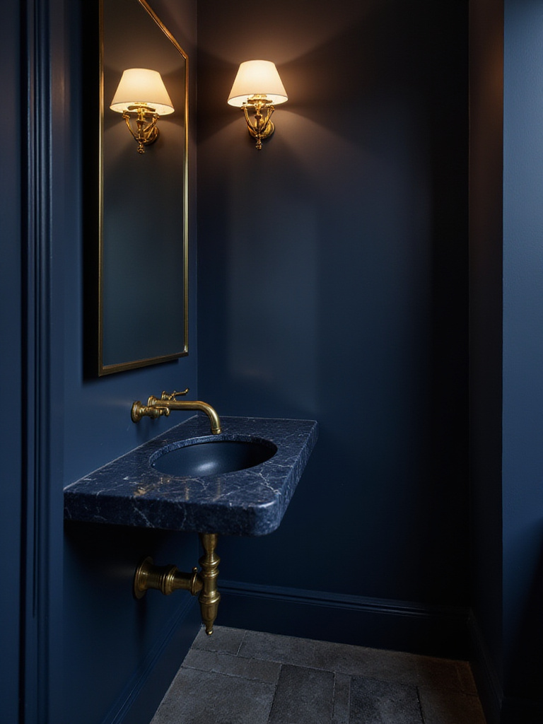 Small powder room featuring dark navy paint, brass fixtures, and a large mirror, creating an intimate and luxurious atmosphere.
