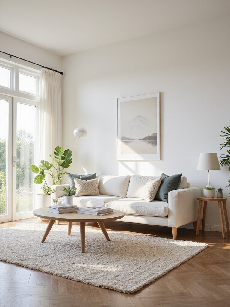 Minimalist living room with clear horizontal surfaces and natural light