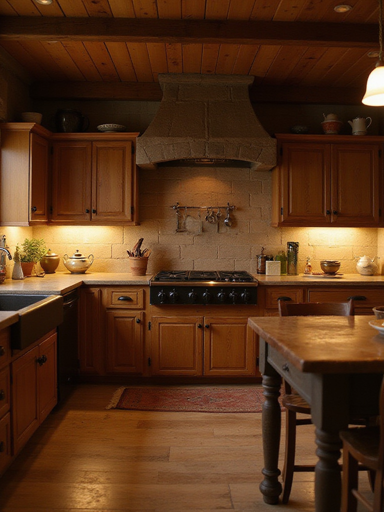 Cozy country kitchen with small fixtures illuminating dark corners