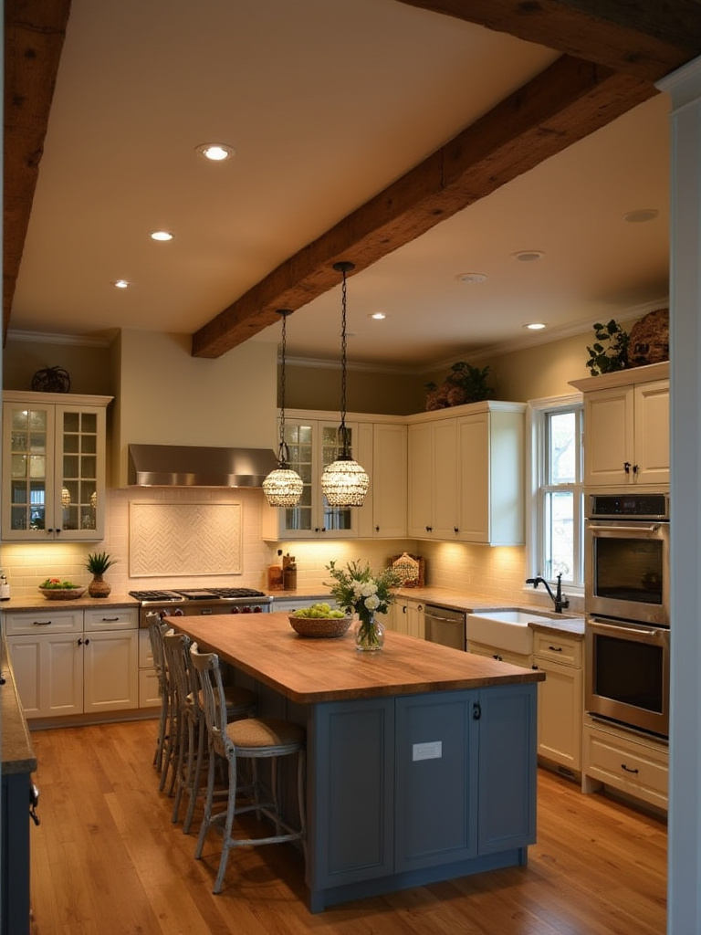Cozy country kitchen with warm recessed lighting and rustic design elements