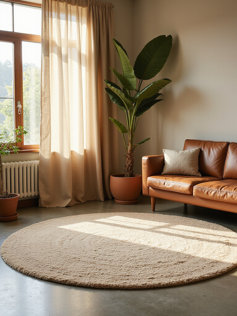 Minimalist living room with varied textures including a wool rug, leather sofa, and leafy plant.