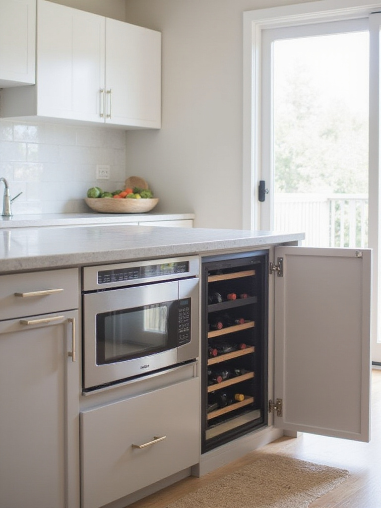 Modern kitchen island featuring built-in wine cooler and microwave drawer.