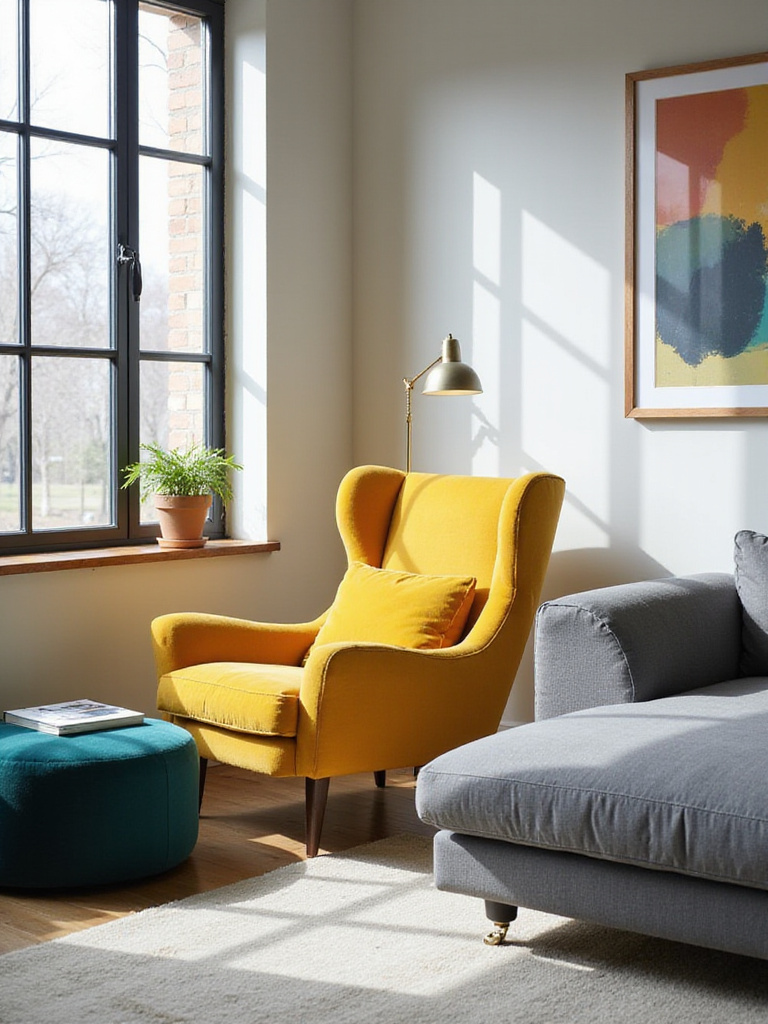 A modern living room featuring a mustard yellow accent chair and a teal ottoman.