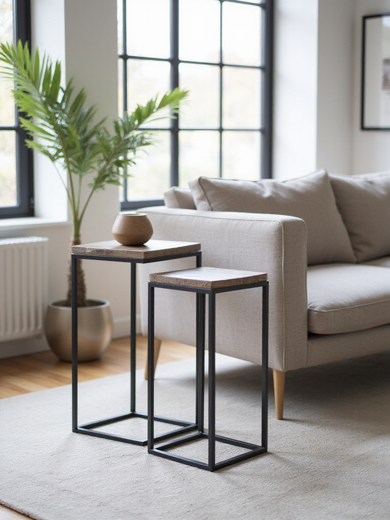 Modern living room with minimalist side tables beside a sofa