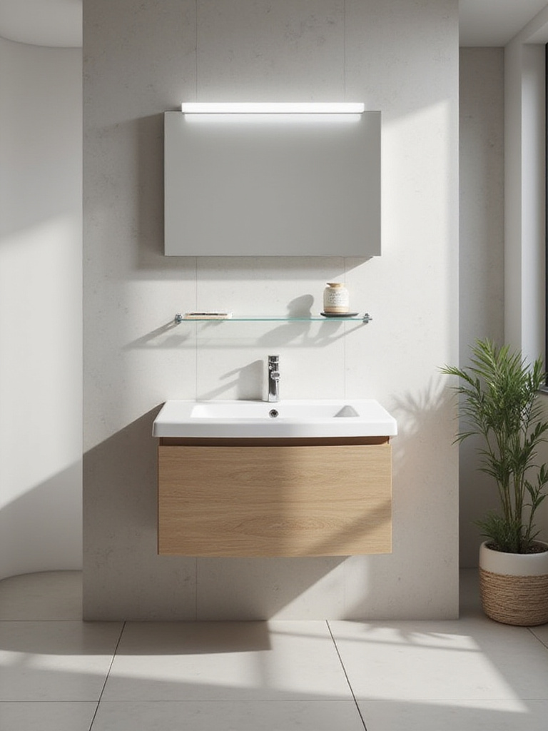 Modern small bathroom featuring a wall-mounted vanity with open floor space underneath.