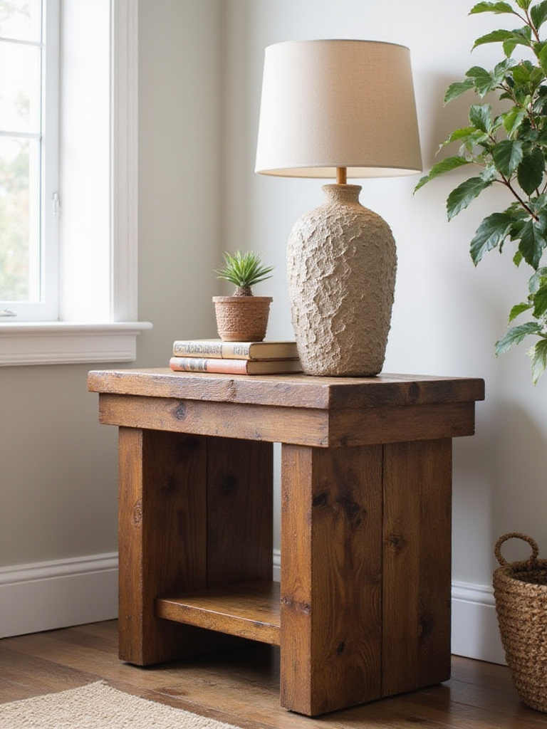 Styled rustic reclaimed wood end table with lamp, books, and plant