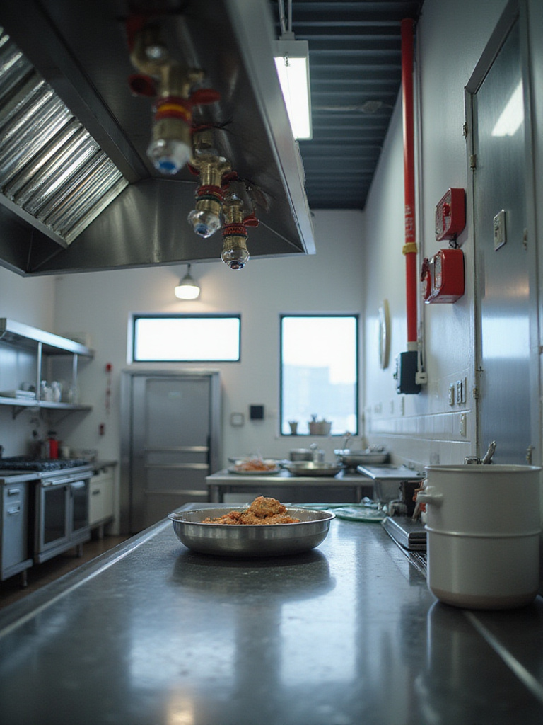 Industrial kitchen with comprehensive fire suppression system and exhaust hood