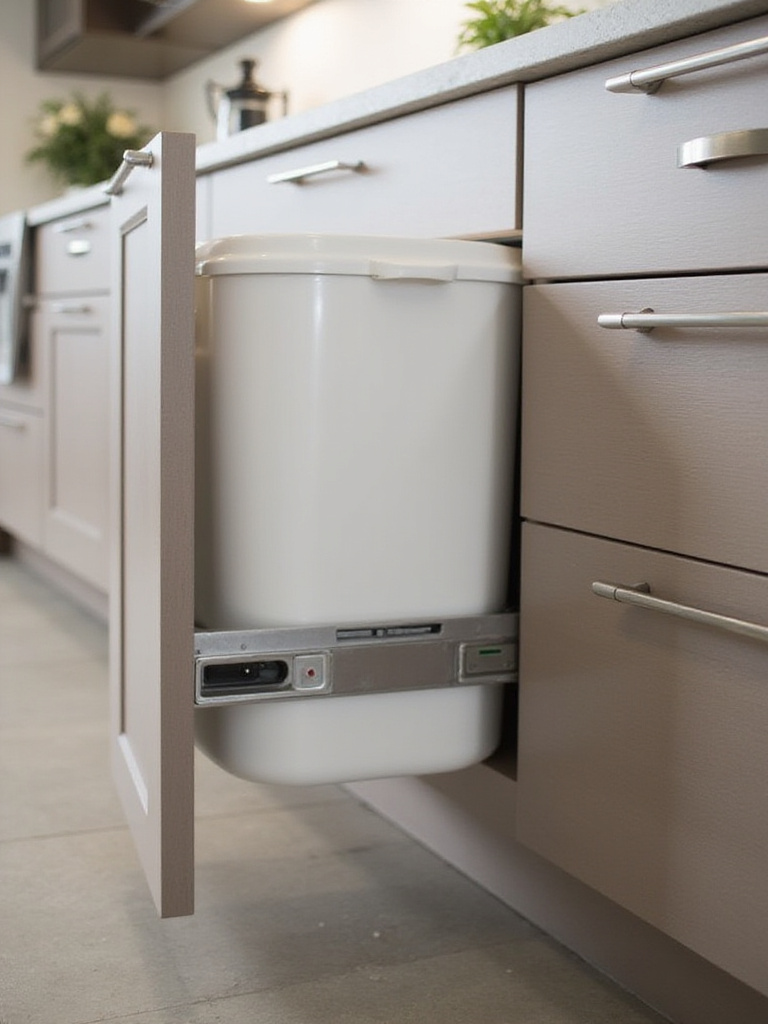 Modern kitchen with integrated pull-out trash and recycling bin