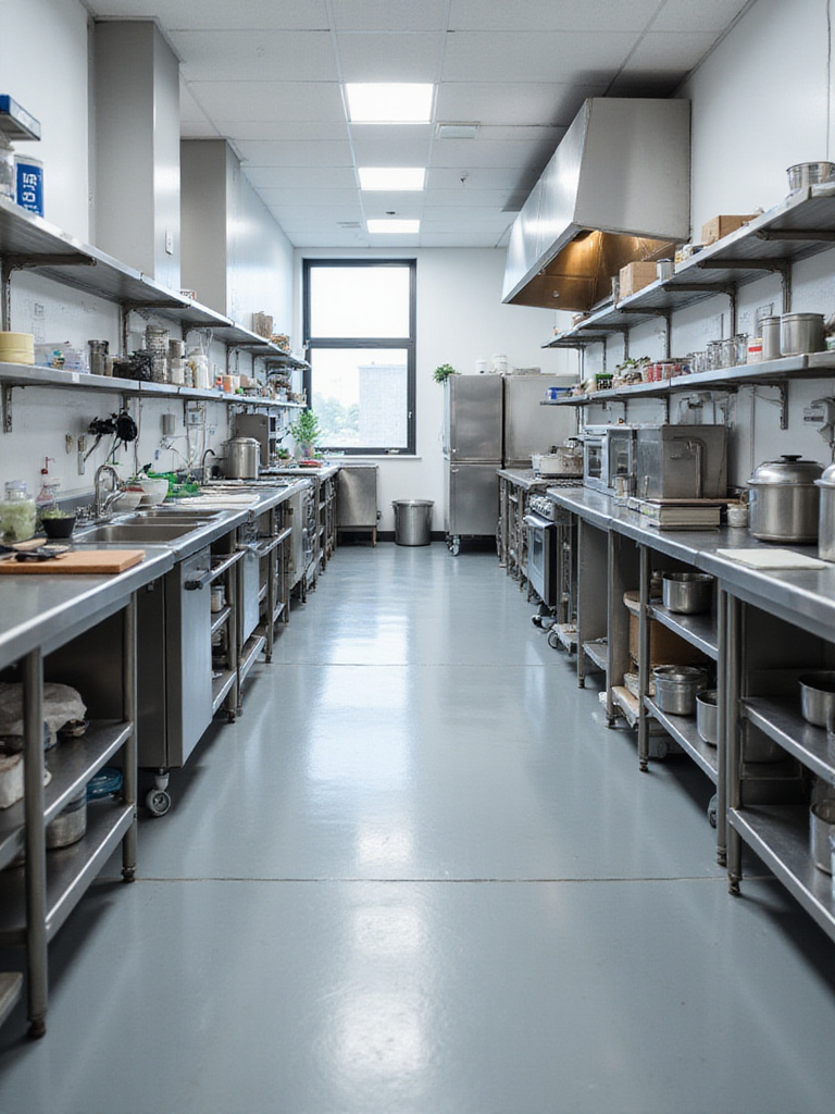 Ergonomically designed industrial kitchen workspace with adjustable-height tables and anti-fatigue mats.