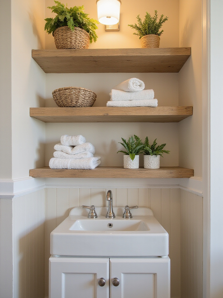 Stylish powder room with open shelving displaying towels and decorative items