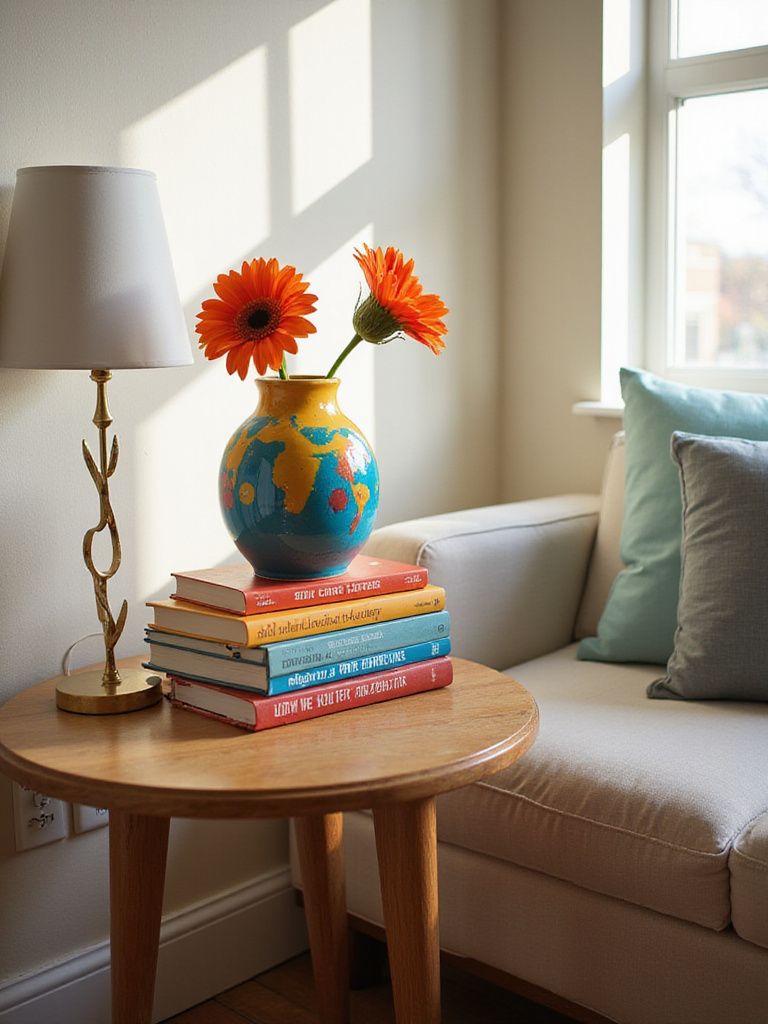 Stylish end table with colorful decor items including a vase, books, and lamp.