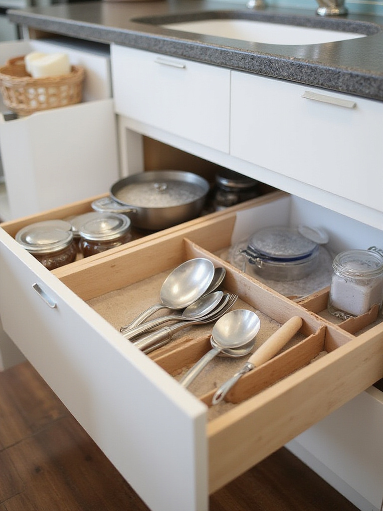 Modern kitchen cabinet interior with drawer dividers and organizers