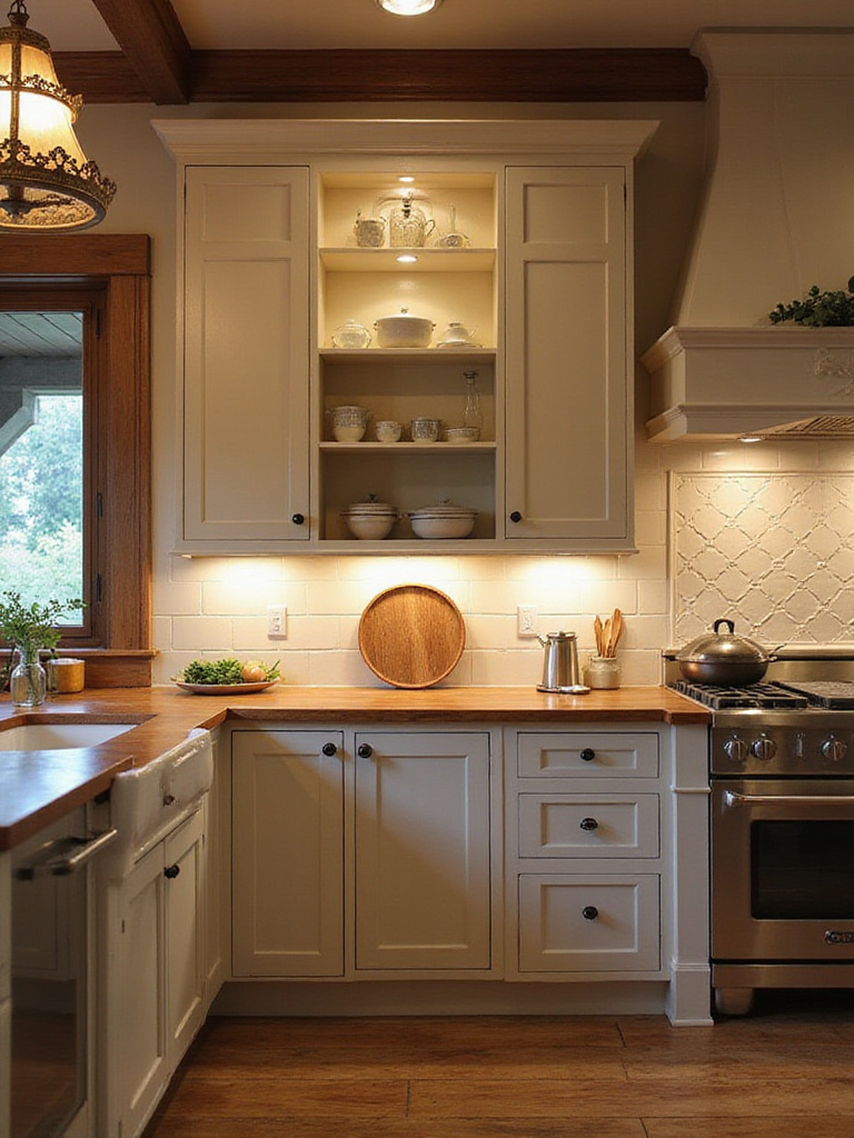 A country kitchen with layered lighting design including a rustic chandelier, under-cabinet lights, and accent spotlights.
