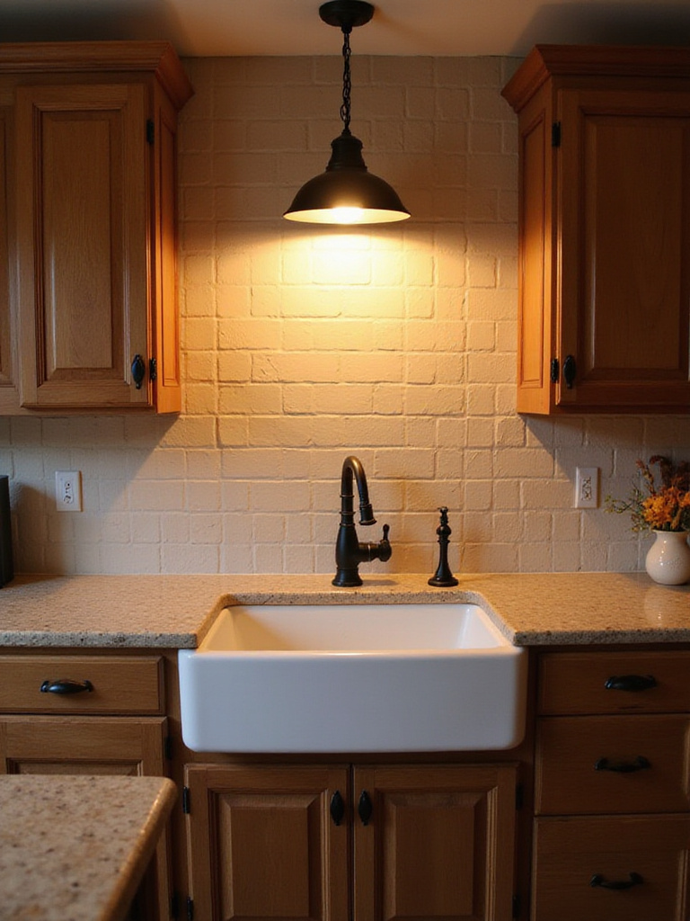 A professionally designed country kitchen sink area with focused task lighting above.