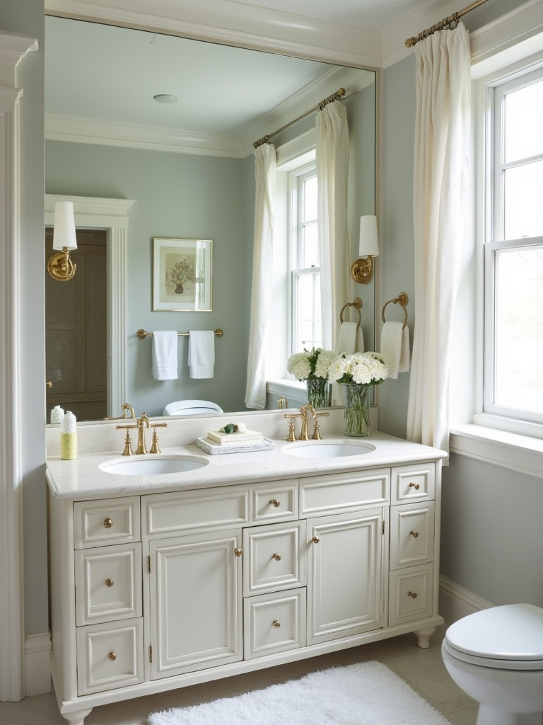A bright small bathroom with an oversized mirror reflecting elegant fixtures