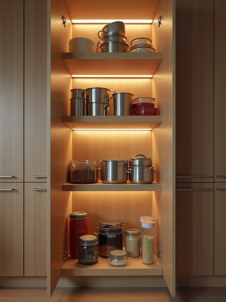 Modern kitchen cabinet with pull-out shelves showcasing organized cookware and pantry items.