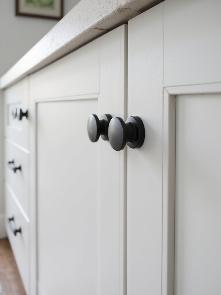 Modern kitchen featuring sleek cabinet hardware knobs and pulls.