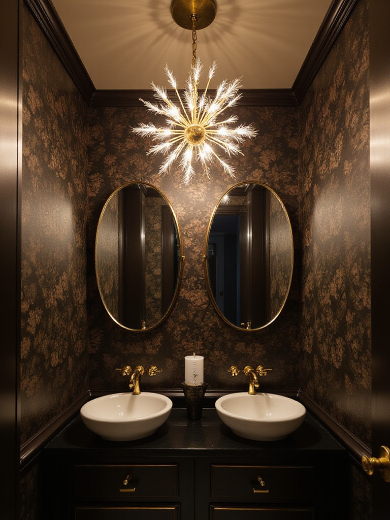 A luxurious powder room featuring a statement brass Sputnik chandelier and dark floral wallpaper.
